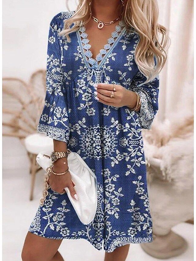 Bethany | Blue V-Neck 3/4 Sleeve Mini Dress