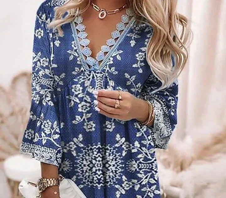 Bethany | Blue V-Neck 3/4 Sleeve Mini Dress